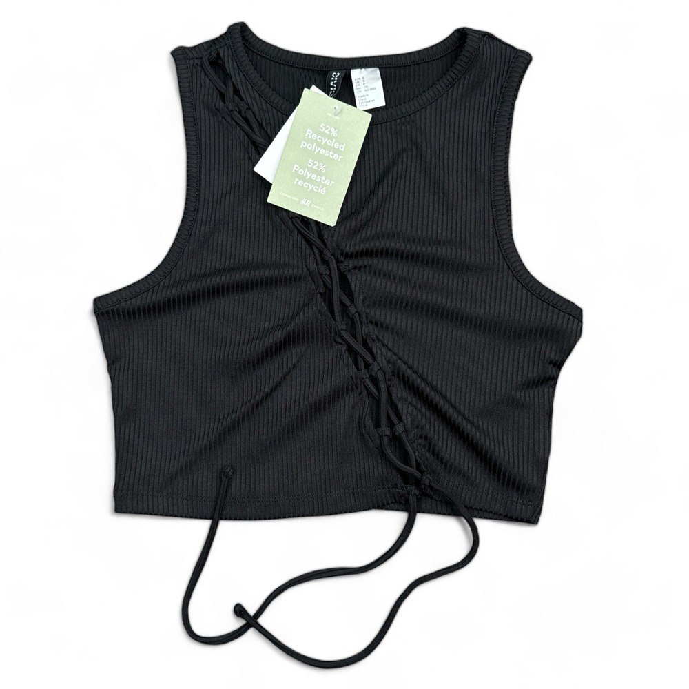 NWT Divided Crop Top Womens Size Small Black Cinch Ribbed Sleeveless‎